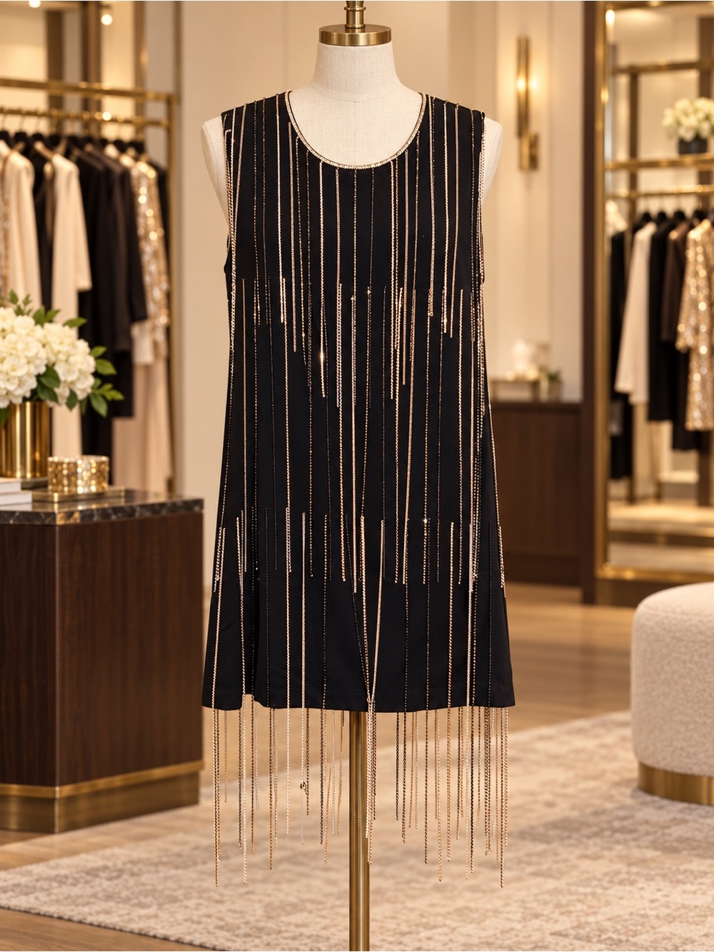 Blue B Sleeveless Black Fringe Chain-Trim Dress NWT